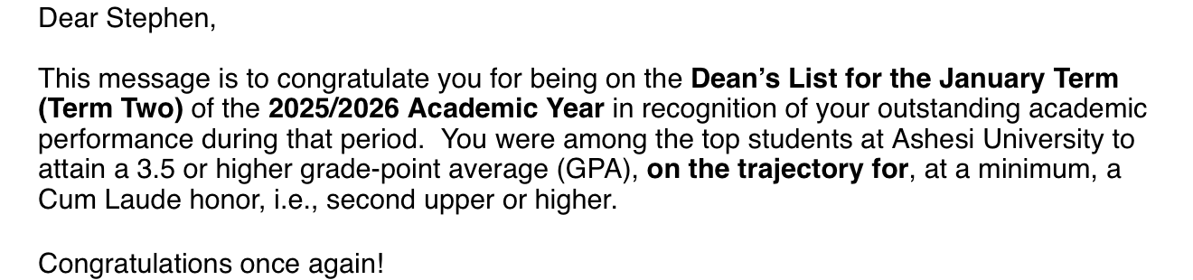 Cropped Ashesi letter addressed to Stephen confirming his Dean's List recognition.