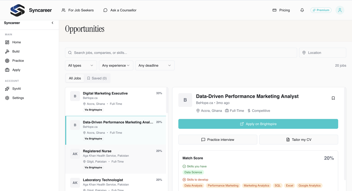 Syncareer opportunities interface showing job search, job details, match score and actions for interview practice and CV tailoring.