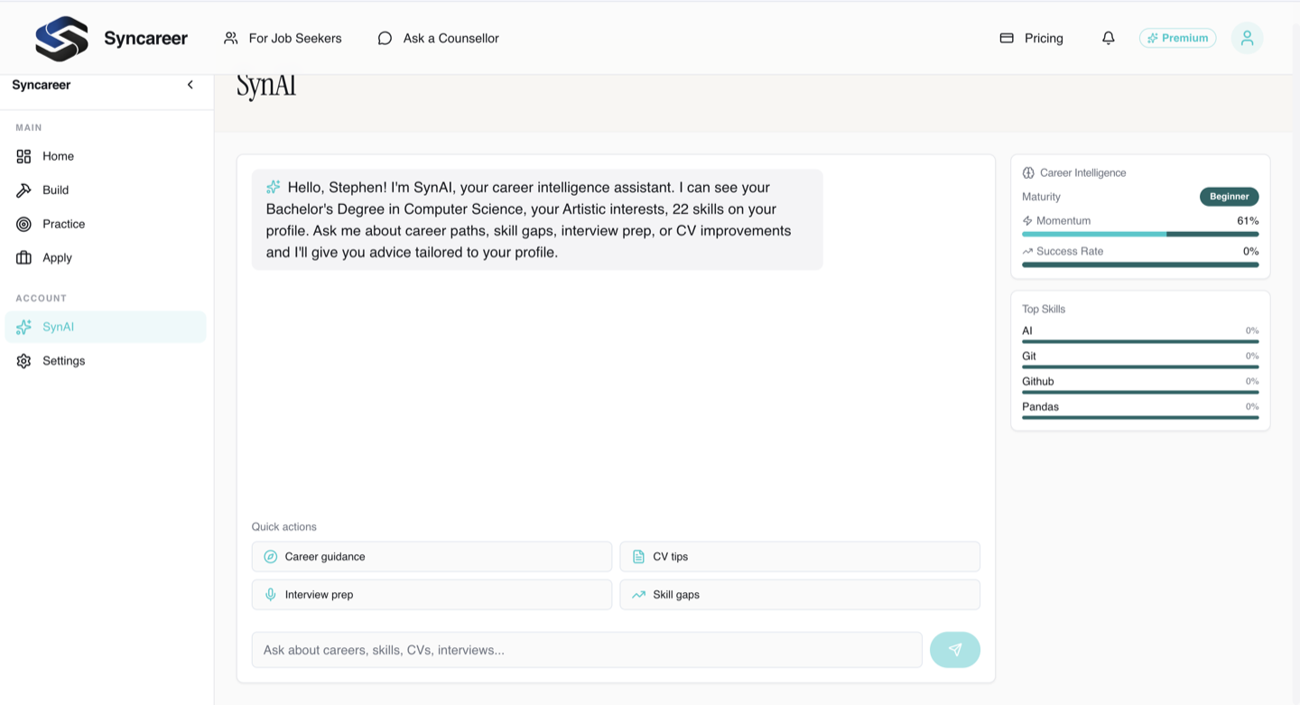 Syncareer SynAI interface showing personalised career guidance based on Stephen's profile, quick actions and a message input.